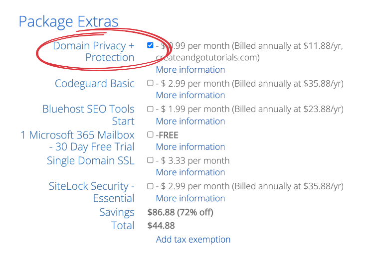 Screenshot of Bluehost package extras to start a blog