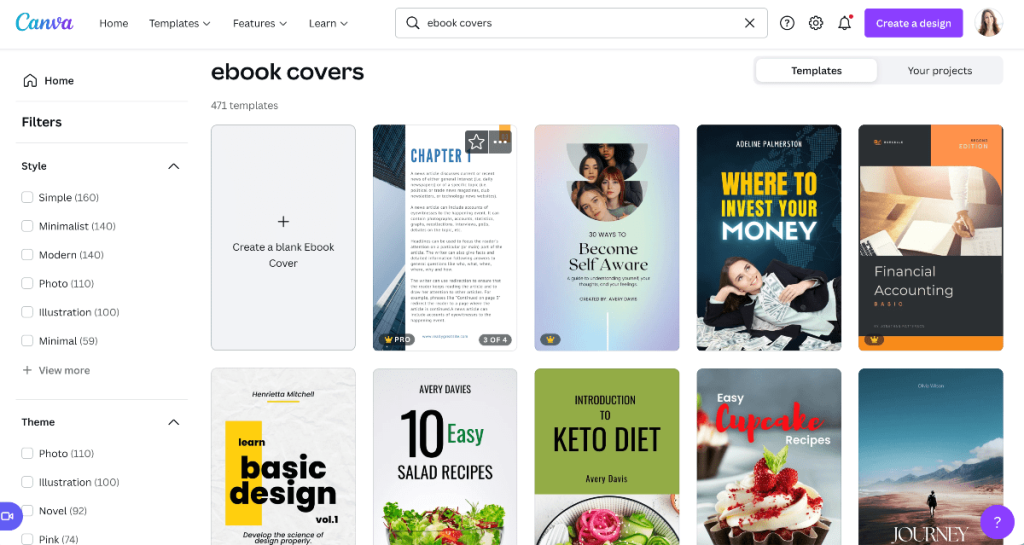 Screenshot of Canva eBook cover templates