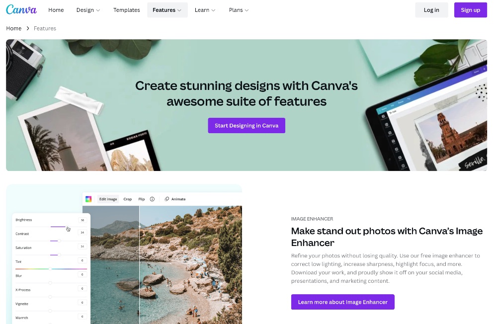Screenshot of Canva features page