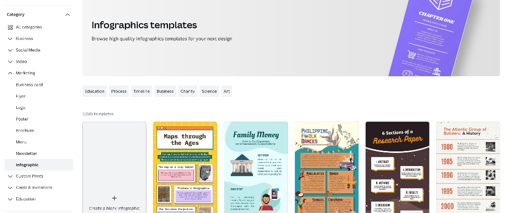 Screenshot with canva infographic templates in search menu