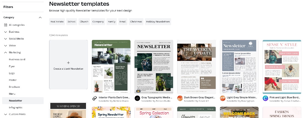 Screenshot of Canva newsletter template results