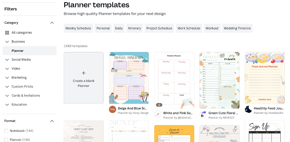 screenshot of Canva planner templates search results