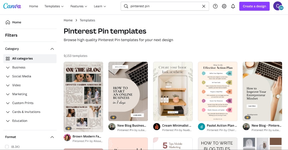 Canva templates for pinterest pins in canva search bar search result