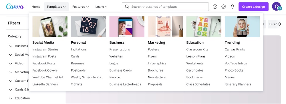 Canva templates list in header menu screenshot