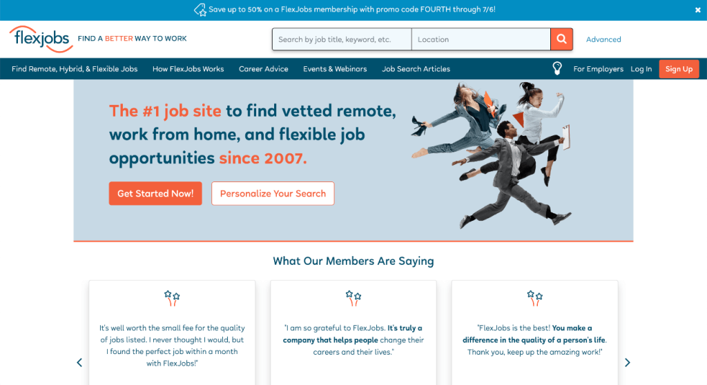 screenshot of FlexJobs website homepage