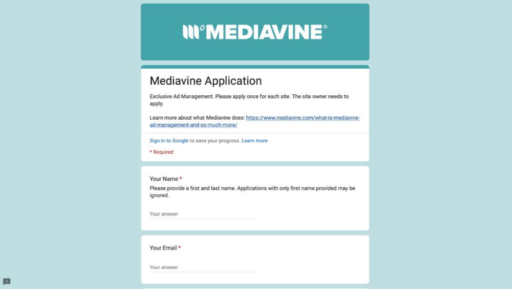 Mediavine application screenshot