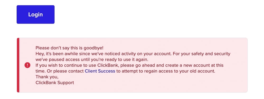 ClickBank inactive account message