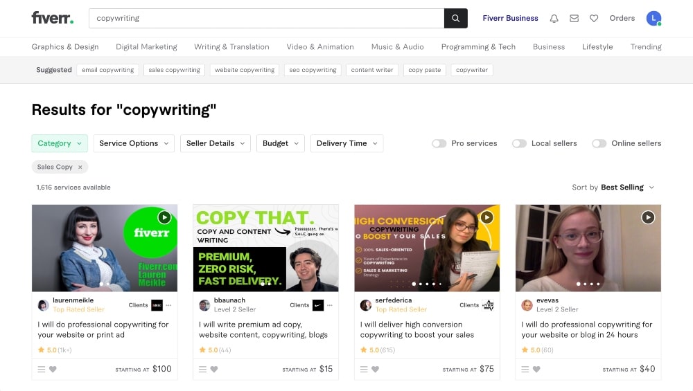 Screenshot of Fiverr search results for copywriting jobs