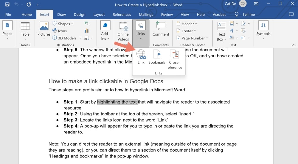 create a hyperlink in microsoft word example