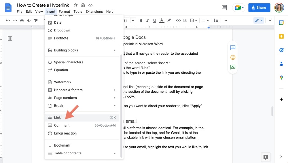 how to create a hyperlink in Google Docs example