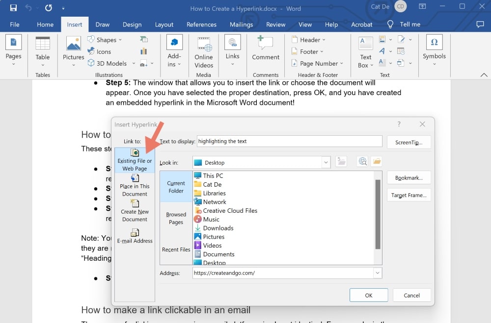 make a hyperlink in Microsoft Word