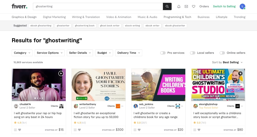 fiverr results for ghostwriting