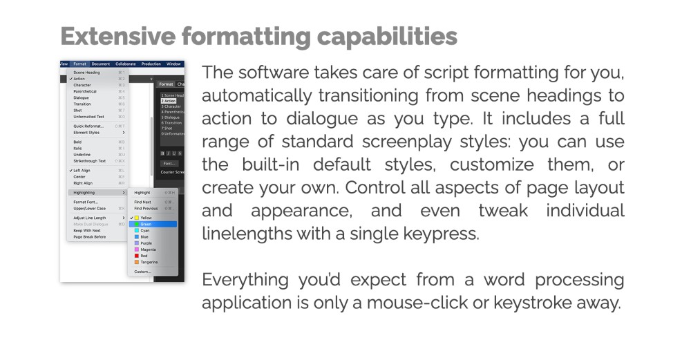 Fade In formatting features