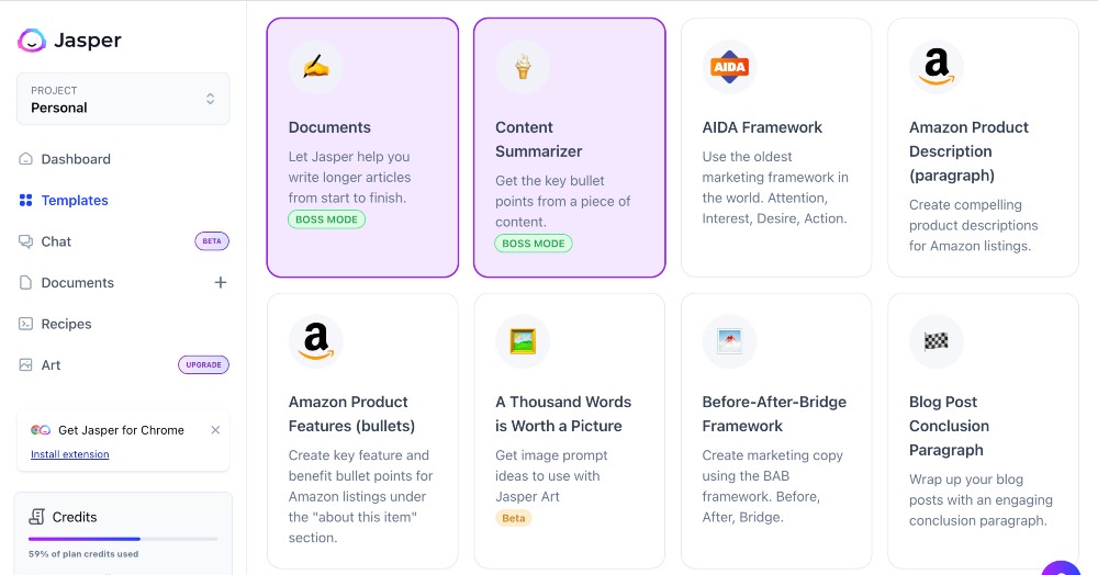 screenshot of Jasper AI templates