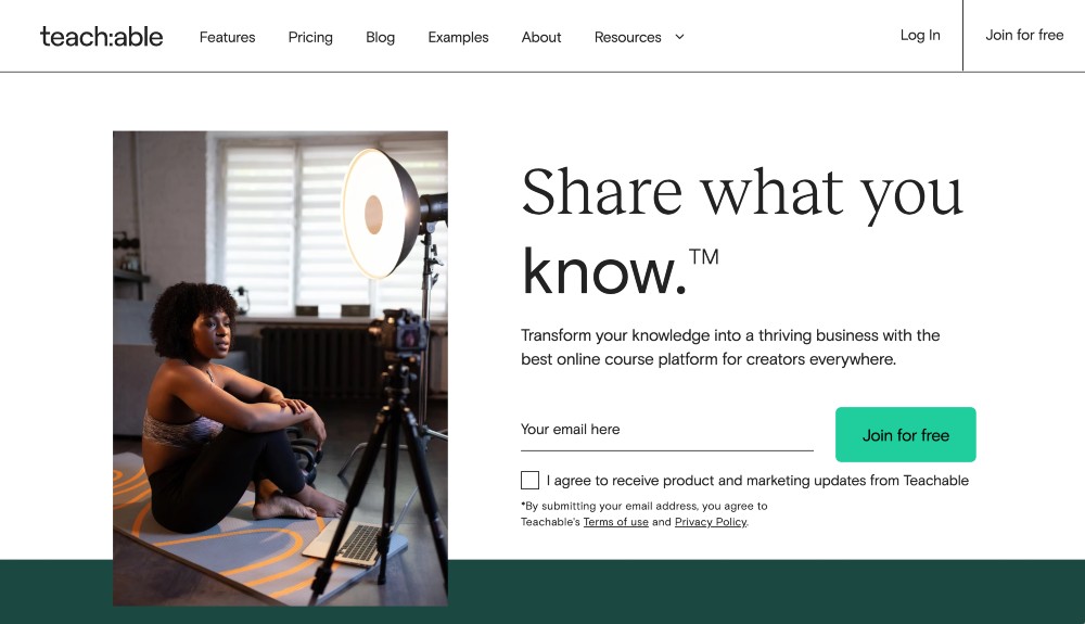screenshot of Teachable website