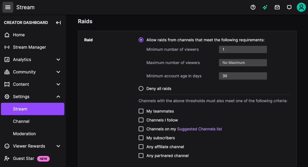 Twitch channel raids settings