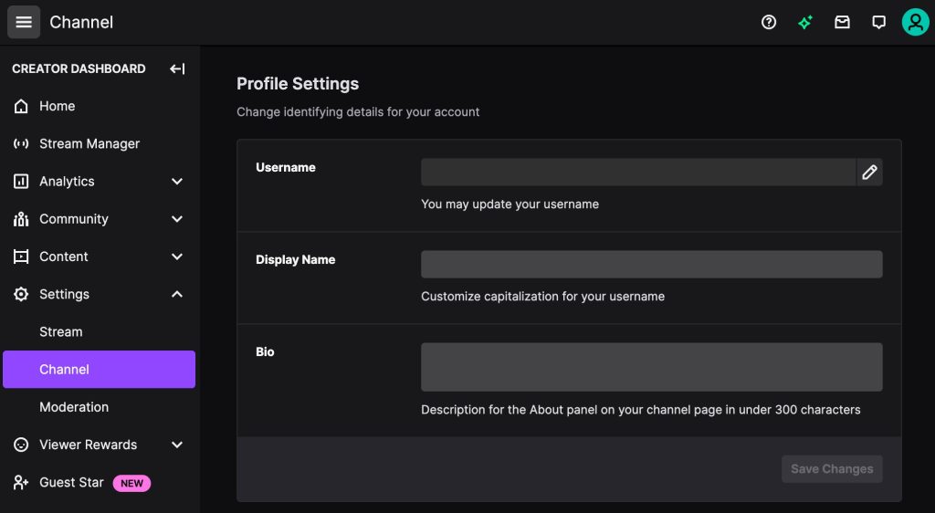 Twitch account profile settings