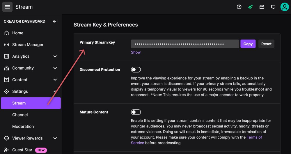 Twitch stream key settings