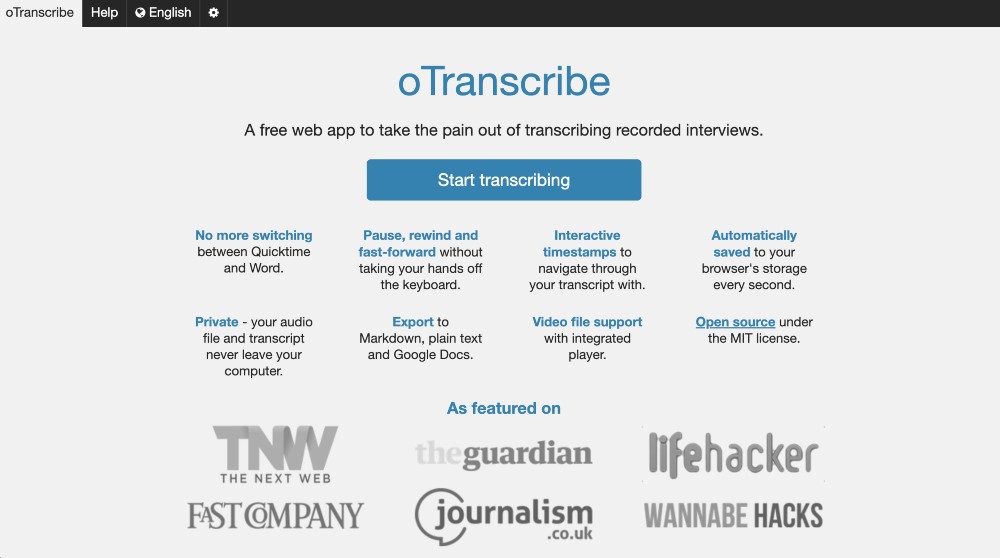 oTranscribe free transcription service