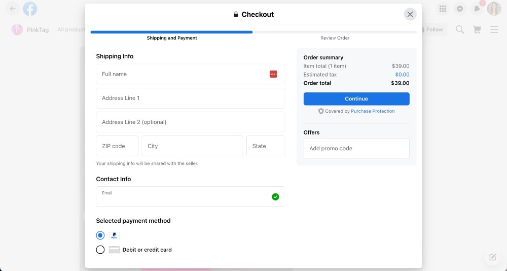 Facebook shop checkout