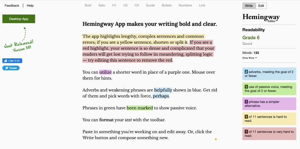 Hemingway Editor website