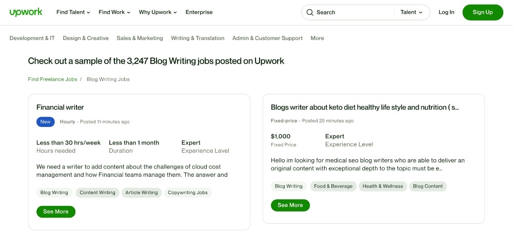 Screenshot of blog writing freelance jobs on Upwork