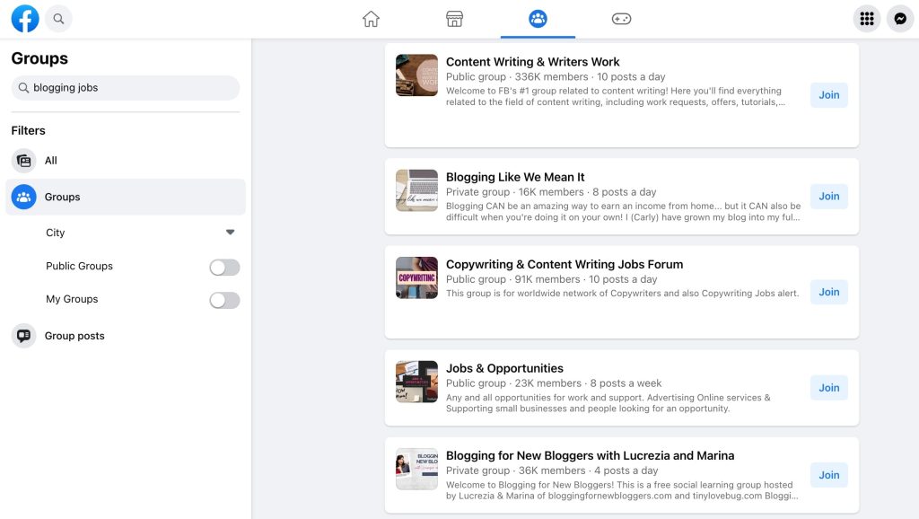 Facebook groups for blogging jobs