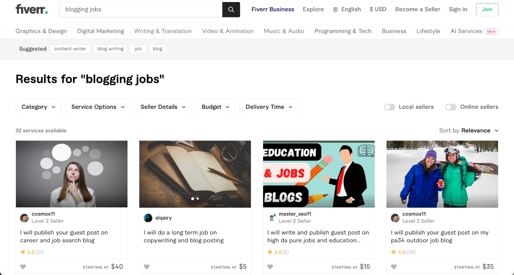 Fiverr blogging job listings