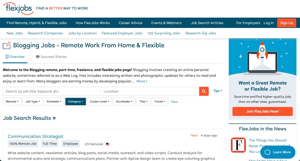 FlexJobs blogging jobs posted