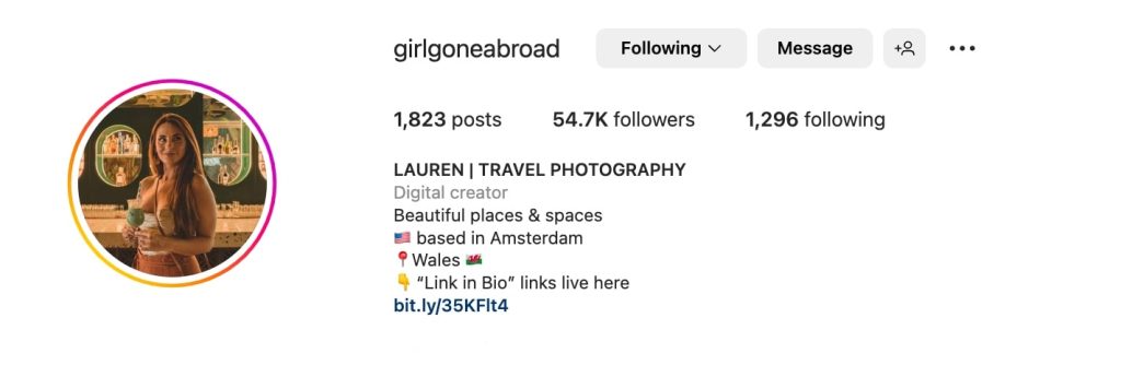 Instagram bio example for travel