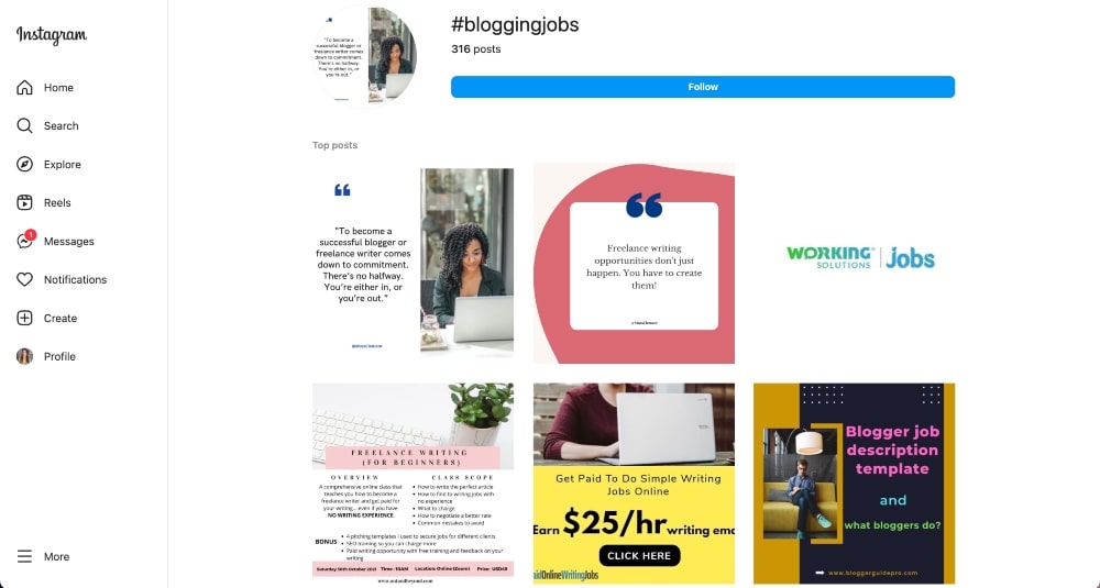 blogging jobs hashtag on Instagram