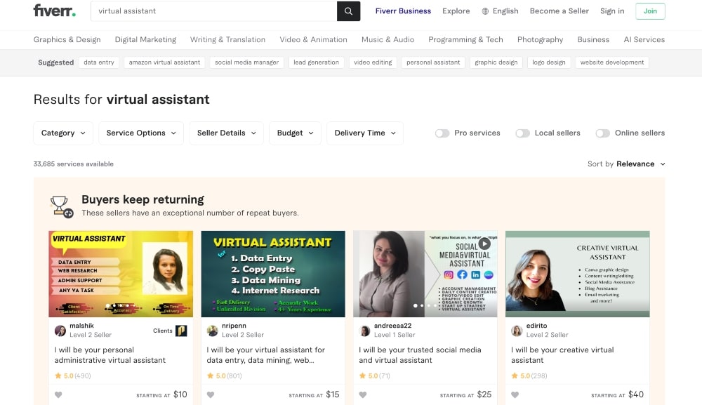Fiverr virtual assistant jobs