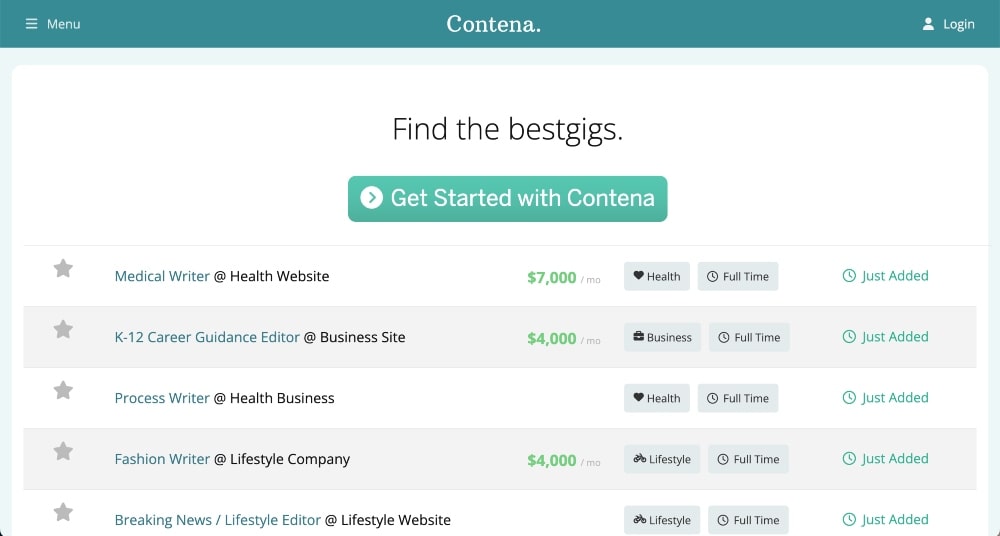 Contena writing job board screenshot