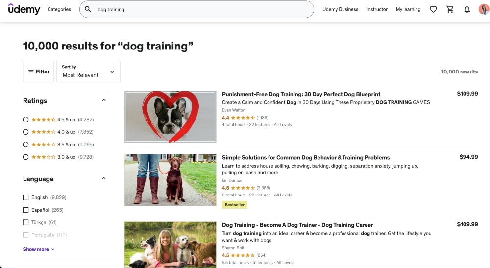 Search results for dog training courses on Udemy
