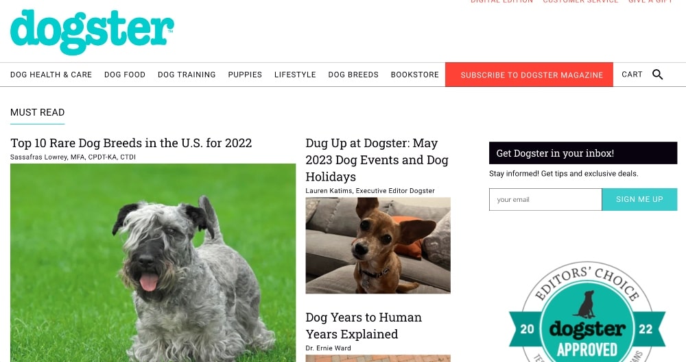Screenshot of the Dogster website