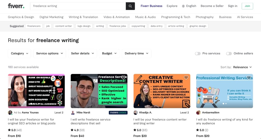 Fiverr freelance writer job search screenshot
