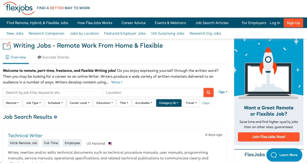 FlexJobs writing jobs search