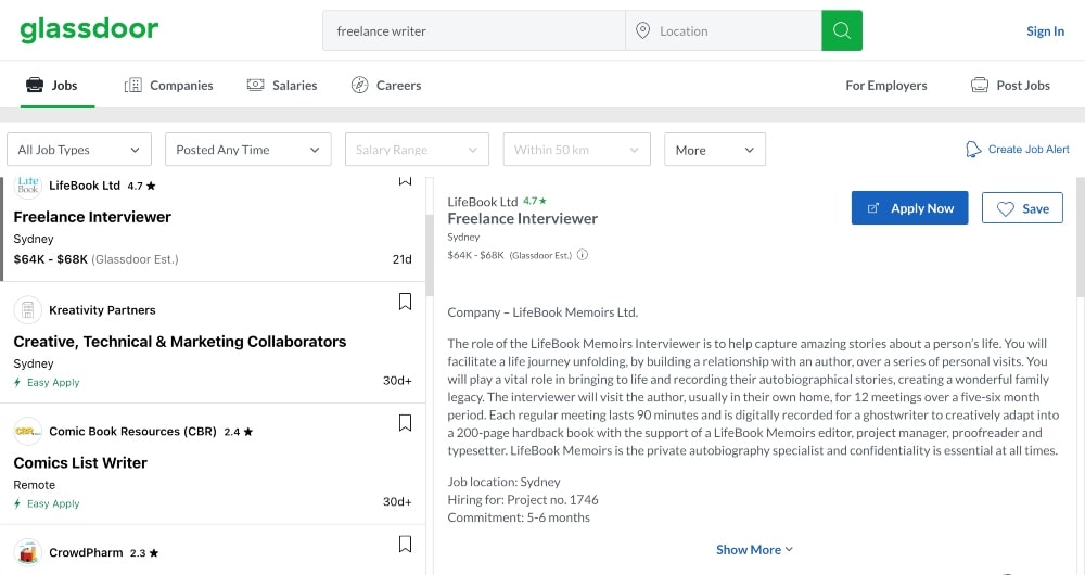 GlassDoor search engine for writing screenshot