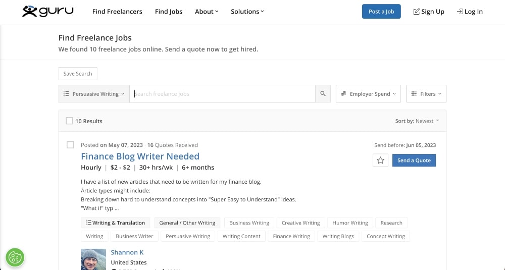 Guru job board for writing screenshot