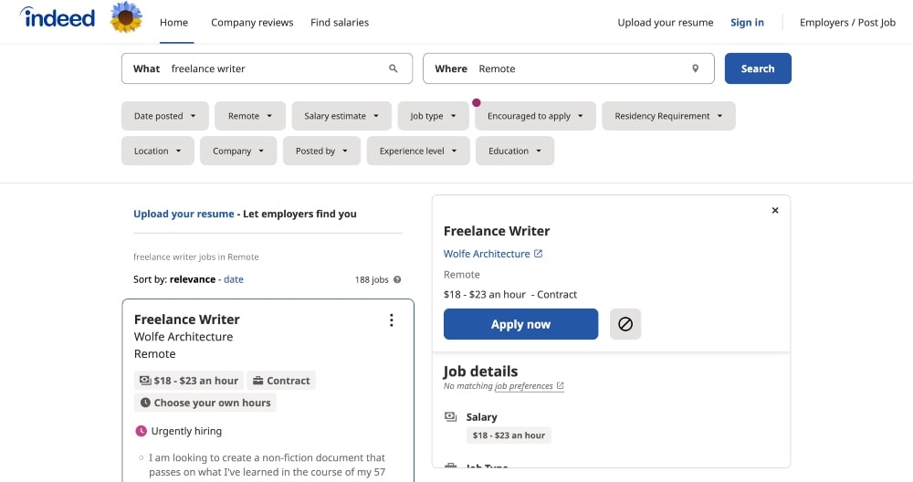 Indeed freelance writing job search screenshot