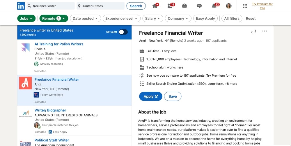 LinkedIn job postings for writing screenshot
