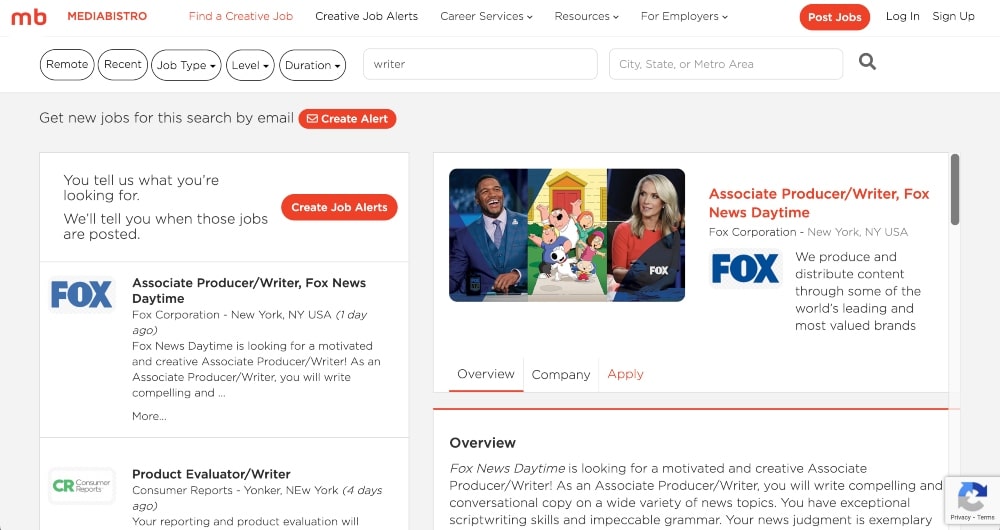 MediaBistro job board screenshot