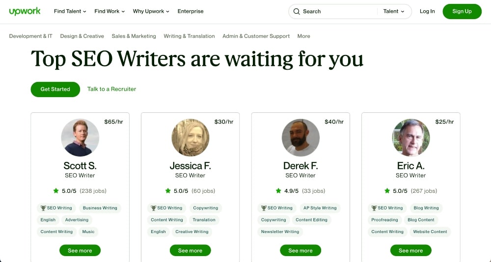 Upwork SEO writers screenshot