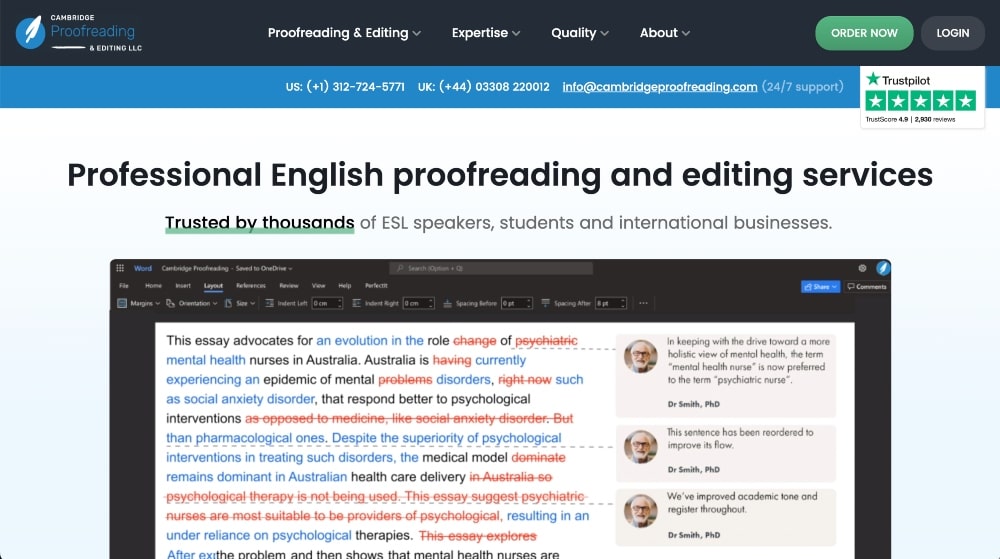 screenshot of the Cambridge Proofreading and Editing website
