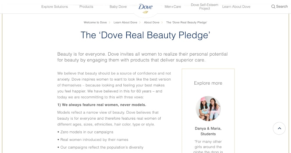 screenshot of Dove's Real Beauty Pledge page