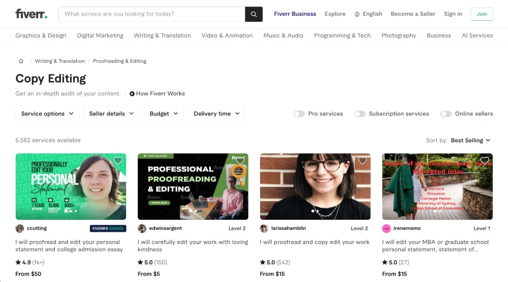 screenshot of Fiverr online editing jobs