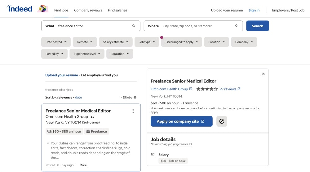 screenshot of Indeed online editing jobs