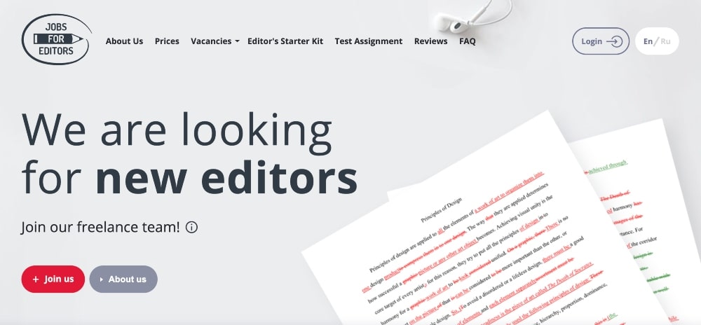 screenshot of Jobs for Editors website