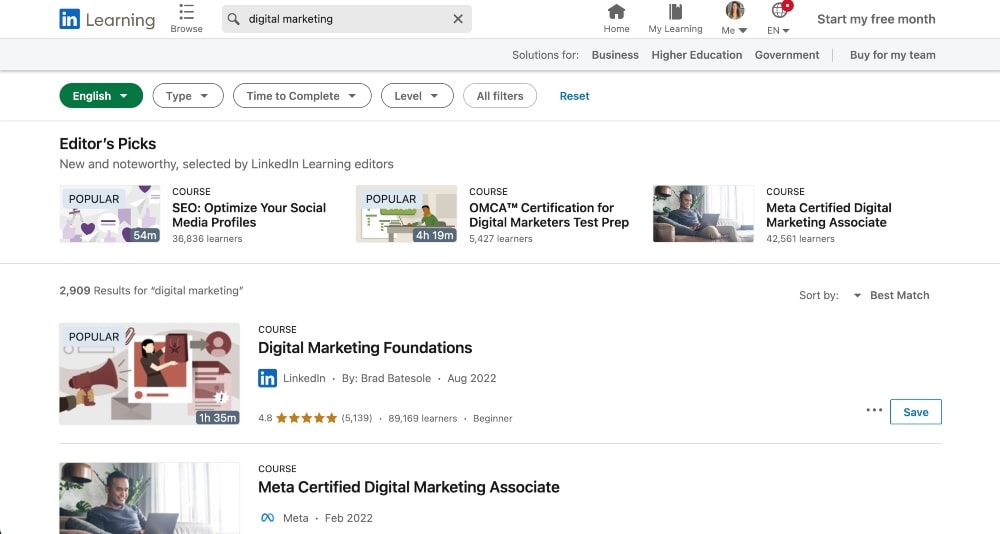 screenshot of LinkedIn Learning digital marketing courses