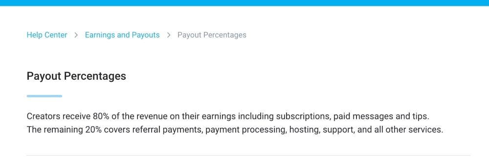 screenshot of OnlyFans payout percentages